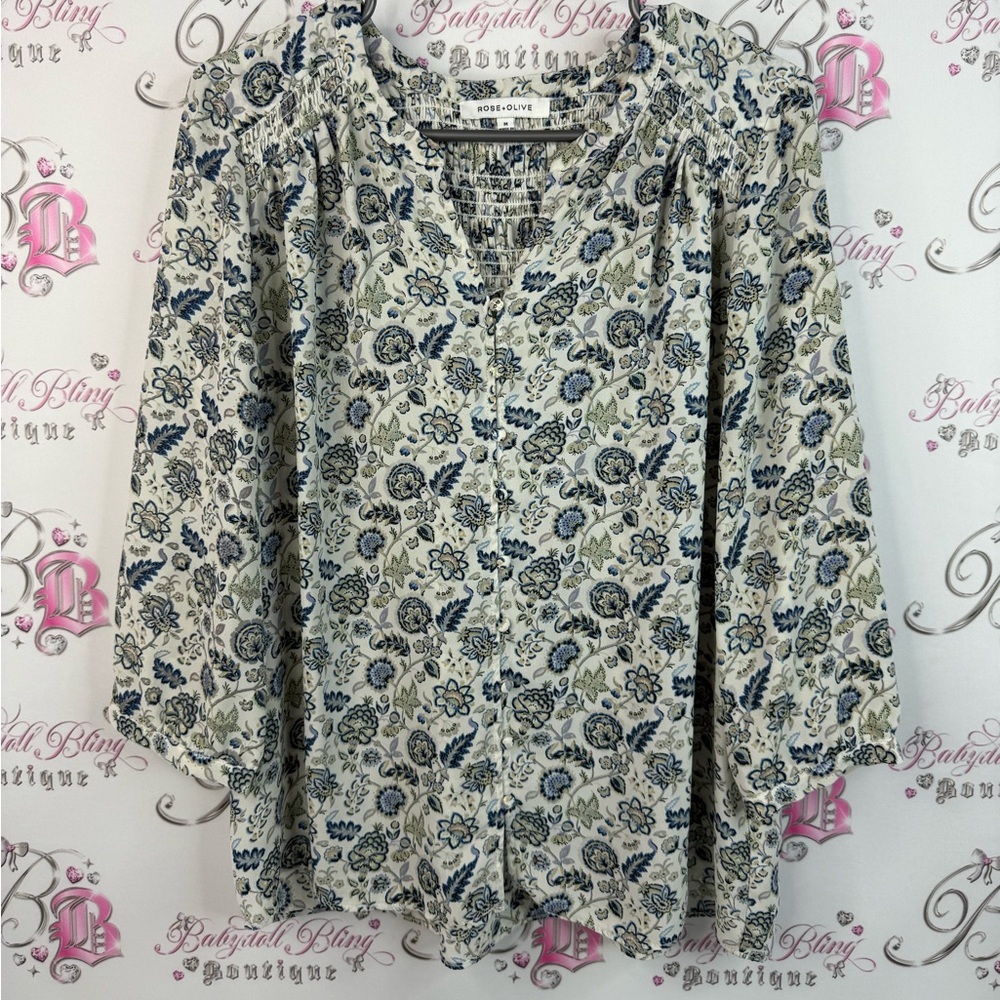 Rose & Olive long sleeve flowers paisley shirt Blue and Green Floral Blouse